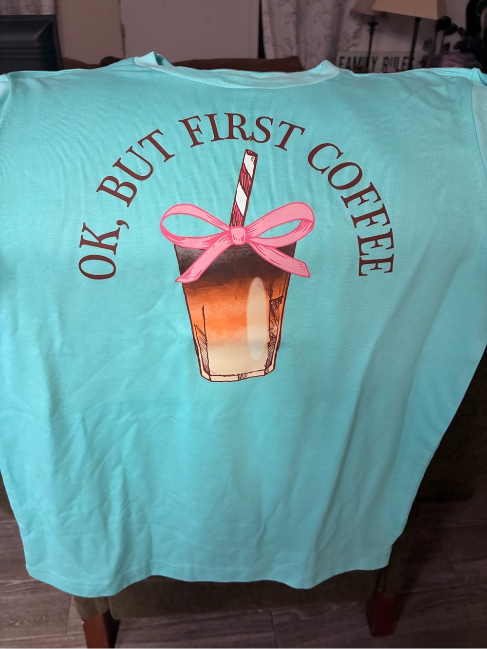 Aqua "Ok, But First Coffee" Graphic Tee